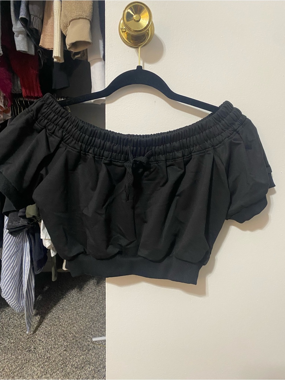 Off-Shoulder Black Cropped Smocked Top